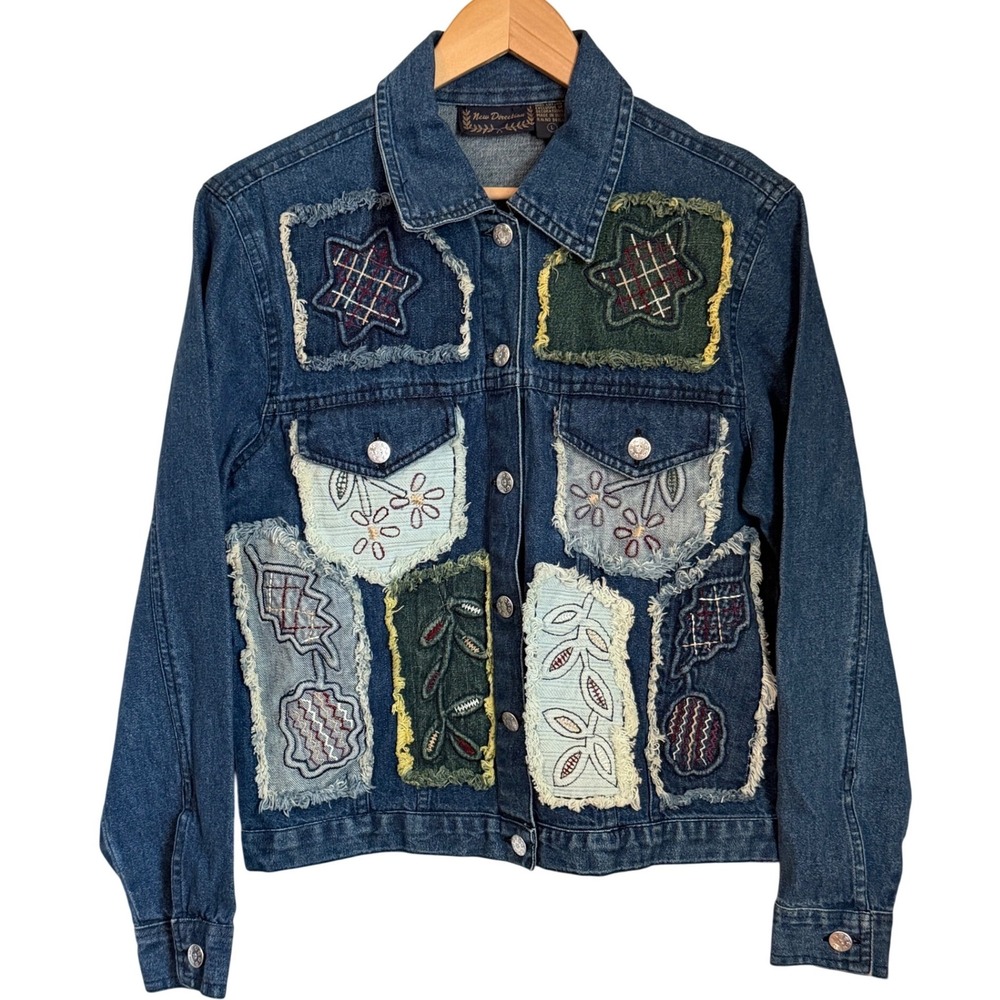 Boho Patchwork Embroidered Denim Jacket Womens L Blue Artsy Cottagecore Festival - Picture 2 of 14